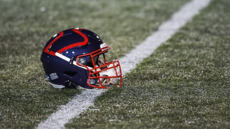 Oct 22, 2021; Montreal, Quebec, CAN; view of a Montreal Alouettes helmet on the field before the first quarter during a Canadian Football League game at Molson Stadium. Mandatory Credit: David Kirouac-USA TODAY Sports