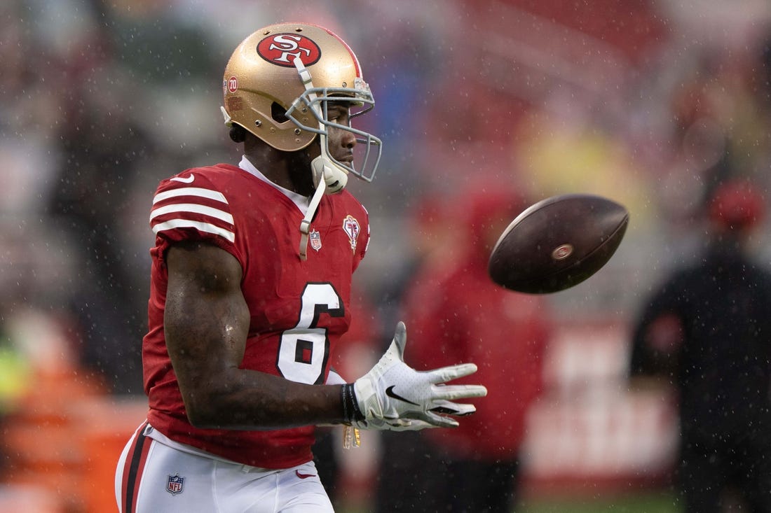 Oct 24, 2021; Santa Clara, California, USA;  San Francisco 49ers wide receiver Mohamed Sanu (6) catches the ball during warmups before the start of the game against the Indianapolis Colts at Levi's Stadium. Mandatory Credit: Stan Szeto-USA TODAY Sports