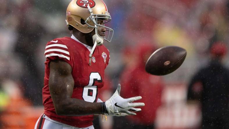 Oct 24, 2021; Santa Clara, California, USA;  San Francisco 49ers wide receiver Mohamed Sanu (6) catches the ball during warmups before the start of the game against the Indianapolis Colts at Levi's Stadium. Mandatory Credit: Stan Szeto-USA TODAY Sports