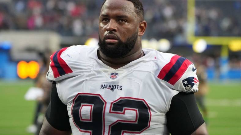 Oct 31, 2021; Inglewood, California, USA; New England Patriots nose tackle Davon Godchaux (92) reacts after the game against the Los Angeles Chargers at SoFi Stadium. The Patriots defeated the Chargers 27-24. Mandatory Credit: Kirby Lee-USA TODAY Sports