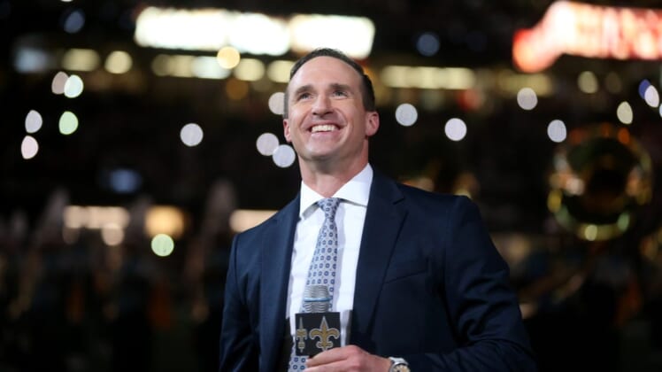 Nov 25, 2021; New Orleans, Louisiana, USA; Former New Orleans Saints quarterback Drew Brees is honored at halftime of the game between the New Orleans Saints and the Buffalo Bills at the Caesars Superdome. Mandatory Credit: Chuck Cook-USA TODAY Sports