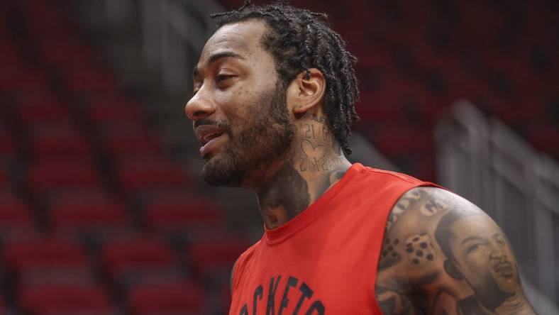 Nov 29, 2021; Houston, Texas, USA;  Houston Rockets guard John Wall (1) warms up before playing against the Oklahoma City Thunder at Toyota Center. Mandatory Credit: Thomas Shea-USA TODAY Sports