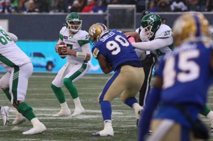 Dec 5, 2021; Winnipeg, Manitoba, CAN; Saskatchewan Roughriders quarterback Cody Fajardo (7) prepares to throw the ball during the Canadian football League Western Conference Final game against the Winnipeg Blue Bombers at IG Field. Mandatory Credit: Bruce Fedyck-USA TODAY Sports