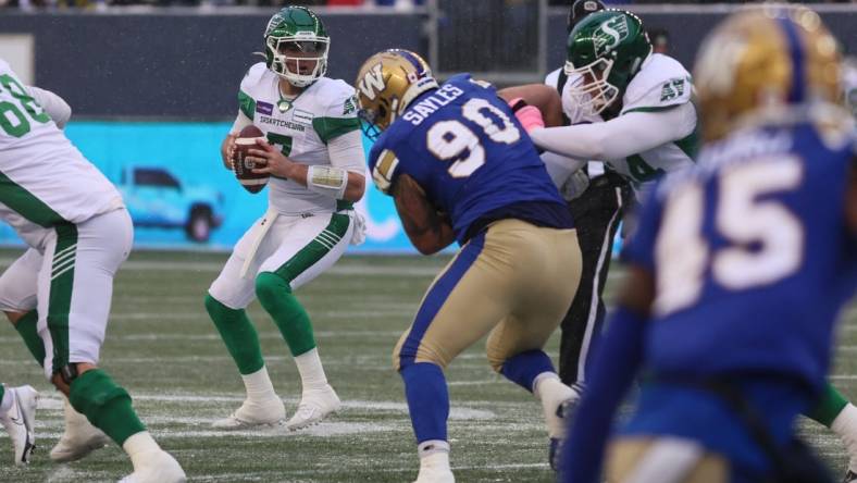 Dec 5, 2021; Winnipeg, Manitoba, CAN; Saskatchewan Roughriders quarterback Cody Fajardo (7) prepares to throw the ball during the Canadian football League Western Conference Final game against the Winnipeg Blue Bombers at IG Field. Mandatory Credit: Bruce Fedyck-USA TODAY Sports