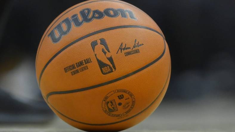 Dec 8, 2021; Cleveland, Ohio, USA; A general view of an NBA game ball on the court in the third quarter of a game between the Cleveland Cavaliers and the Chicago Bulls at Rocket Mortgage FieldHouse. Mandatory Credit: David Richard-USA TODAY Sports