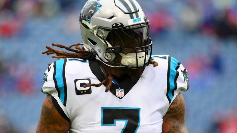 Dec 19, 2021; Orchard Park, New York, USA; Carolina Panthers outside linebacker Shaq Thompson (7) prior to the game against the Buffalo Bills at Highmark Stadium. Mandatory Credit: Rich Barnes-USA TODAY Sports