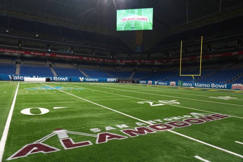 Dec 29, 2021; San Antonio, Texas, USA; A general overall view of the Alamodome logo before the 2021 Alamo Bowl between the Oregon Ducks and the Oklahoma Sooners. Mandatory Credit: Kirby Lee-USA TODAY Sports