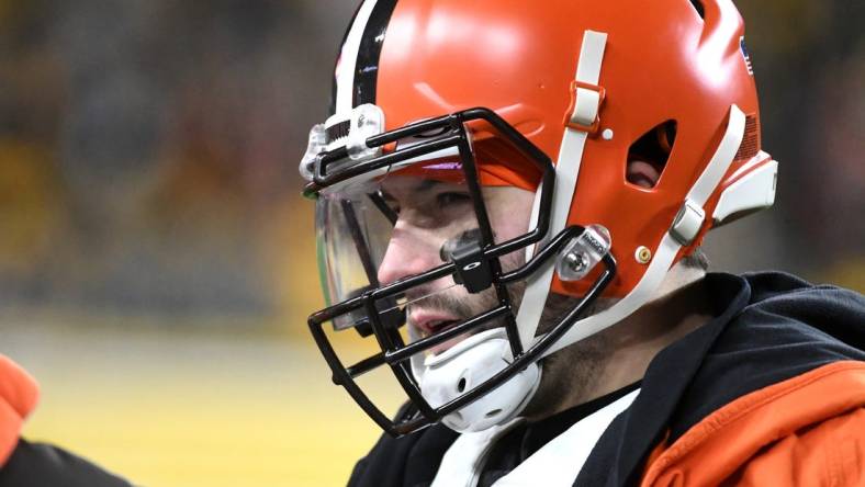 Jan 3, 2022; Pittsburgh, Pennsylvania, USA;  Cleveland Browns quarterback Baker Mayfield (6) on the sidelines against the Pittsburgh Steelers during the second quarter at Heinz Field. Mandatory Credit: Philip G. Pavely-USA TODAY Sports