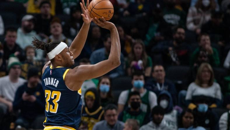 Jan 12, 2022; Indianapolis, Indiana, USA; Indiana Pacers center Myles Turner (33) shoots the ball in the second half against the Boston Celtics at Gainbridge Fieldhouse. Mandatory Credit: Trevor Ruszkowski-USA TODAY Sports