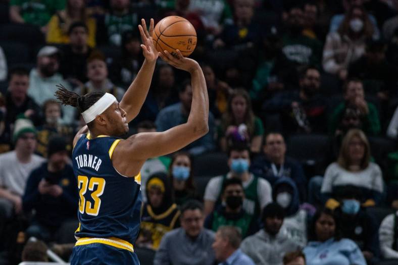Jan 12, 2022; Indianapolis, Indiana, USA; Indiana Pacers center Myles Turner (33) shoots the ball in the second half against the Boston Celtics at Gainbridge Fieldhouse. Mandatory Credit: Trevor Ruszkowski-USA TODAY Sports