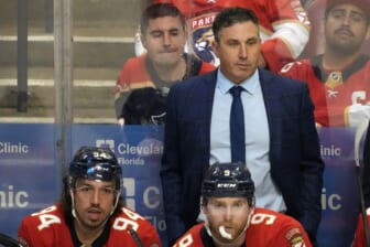 Jan 14, 2022; Sunrise, Florida, USA; Florida Panthers interim head coach Andrew Brunette stands behind the bench during the second period against the Dallas Stars at FLA Live Arena. Mandatory Credit: Jasen Vinlove-USA TODAY Sports