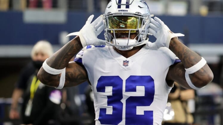 Jan 16, 2022; Arlington, Texas, USA; Dallas Cowboys running back Corey Clement (32) warms up prior to the NFC Wild Card playoff football game against the San Francisco 49ers at AT&T Stadium. Mandatory Credit: Kevin Jairaj-USA TODAY Sports