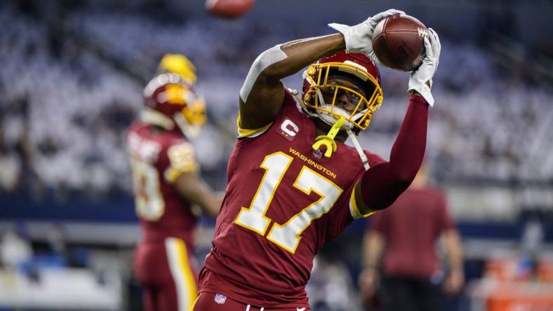 Dec 26, 2021; Arlington, Texas, USA; Washington Football Team wide receiver Terry McLaurin (17) before the game between the Washington Football Team and the Dallas Cowboys at AT&T Stadium. Mandatory Credit: Jerome Miron-USA TODAY Sports