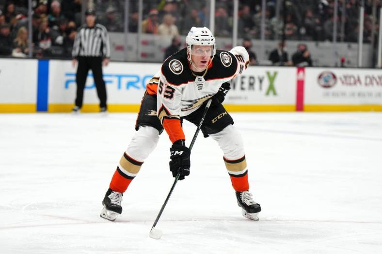 Jan 19, 2022; Anaheim, California, USA; Anaheim Ducks right wing Buddy Robinson (53) watches play against the Colorado Avalanche in the first period at Honda Center. Mandatory Credit: Kirby Lee-USA TODAY Sports