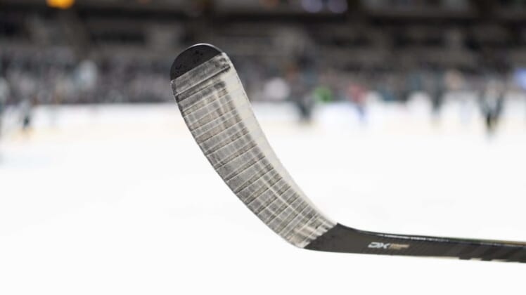 Jan 13, 2022; San Jose, California, USA;  General view of a hockey stick before the start of the first period between the San Jose Sharks and the New York Rangers at SAP Center at San Jose. Mandatory Credit: Stan Szeto-USA TODAY Sports