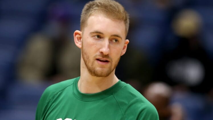 Jan 29, 2022; New Orleans, Louisiana, USA; Boston Celtics forward Sam Hauser (30) before their game against the New Orleans Pelicans at the Smoothie King Center. Mandatory Credit: Chuck Cook-USA TODAY Sports