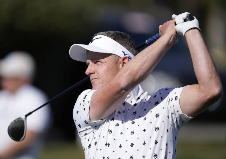 Feb 4, 2022; Pebble Beach, California, USA; Luke Donald plays his shot on the sixth tee during the second round of the AT&T Pebble Beach Pro-Am golf tournament at Pebble Beach Golf Links. Mandatory Credit: Ray Acevedo-USA TODAY Sports