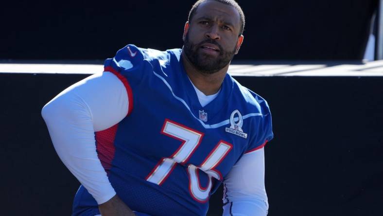 Feb 4, 2022; Las Vegas, NV, USA; Seattle Seahawks tackle Duane Brown (76) during NFC practice at the Las Vegas Ballpark. Mandatory Credit: Kirby Lee-USA TODAY Sports