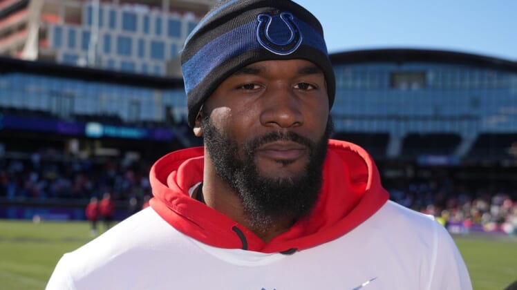 Feb 5, 2022; Las Vegas, NV, USA; Indianapolis Colts linebacker Darius Leonard (53) reacts during AFC practice at the Las Vegas Ballpark. Mandatory Credit: Kirby Lee-USA TODAY Sports