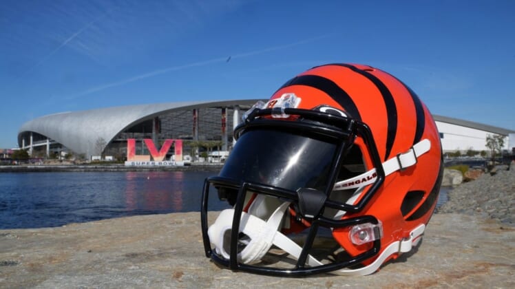 Feb 8, 2022; Inglewood, CA, USA; A Cincinnati Bengals helmet is seen with the Super Bowl LVI numerals at SoFi Stadium. Mandatory Credit: Kirby Lee-USA TODAY Sports