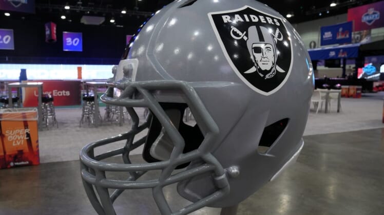 Feb 9, 2022; Los Angeles, CA, USA; A Las Vegas Raiders helmet is seen at the Super Bowl LVI Experience at the Los Angeles Convention Center. Mandatory Credit: Kirby Lee-USA TODAY Sports