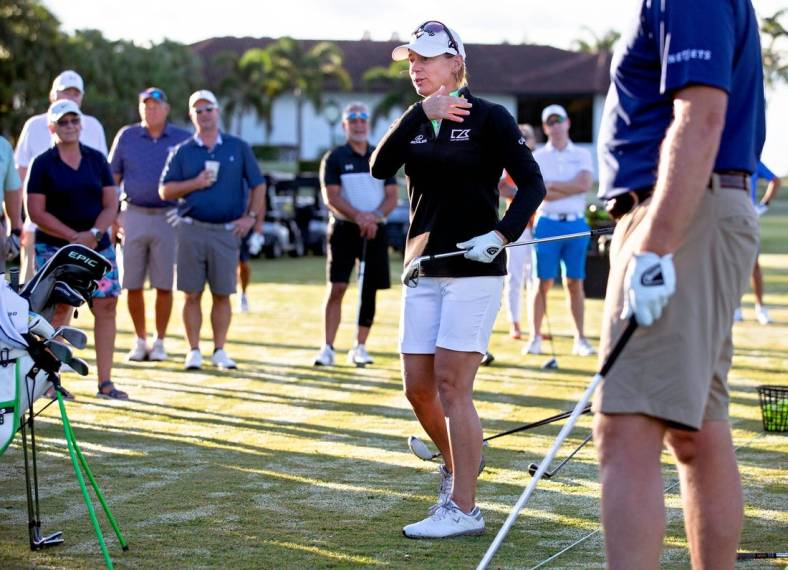 Annika Sorenstam talks technique during a charity golf clinic presented by Jack Nicklaus, Sorenstam and Ernie Els at PGA National in Palm Beach Gardens Monday, October 4, 2021.