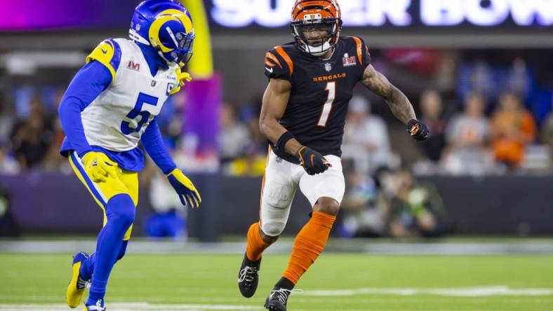 Feb 13, 2022; Inglewood, CA, USA; Los Angeles Rams cornerback Jalen Ramsey (5) defends against Cincinnati Bengals wide receiver Ja'Marr Chase (1) during Super Bowl LVI at SoFi Stadium. Mandatory Credit: Mark J. Rebilas-USA TODAY Sports