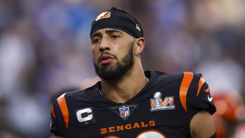 Feb 13, 2022; Inglewood, CA, USA; Cincinnati Bengals safety Jessie Bates III (30) against the Los Angeles Rams during Super Bowl LVI at SoFi Stadium. Mandatory Credit: Mark J. Rebilas-USA TODAY Sports