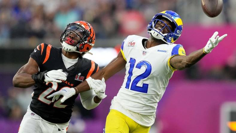 Feb 13, 2022; Inglewood, CA, USA; Los Angeles Rams wide receiver Van Jefferson (12) is unable to reach a pass as Cincinnati Bengals cornerback Chidobe Awuzie (22) defends in the second quarter during Super Bowl LVI, Sunday, Feb. 13, 2022, at SoFi Stadium in Inglewood, Calif.    Mandatory Credit: Kareem Elgazzar-USA TODAY Sports