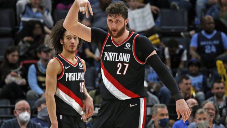 Feb 16, 2022; Memphis, Tennessee, USA; Portland Trail Blazers center Jusuf Nurkic (27) reacts after a basket during the second half against the Memphis Grizzles at FedExForum. Mandatory Credit: Petre Thomas-USA TODAY Sports