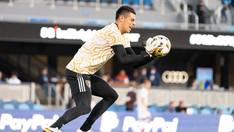 September 15, 2021; San Jose, California, USA; Real Salt Lake goalkeeper David Ochoa (1) before the match against the San Jose Earthquakes at PayPal Park. Mandatory Credit: Kyle Terada-USA TODAY Sports