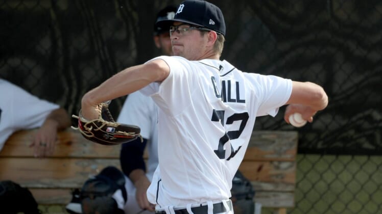 Detroit Tigers prospect Garrett Hill warms up before throwing live batting practice during spring training  minicamp Wednesday, Feb. 23, 2022 at Tiger Town in Lakeland.Tigers7