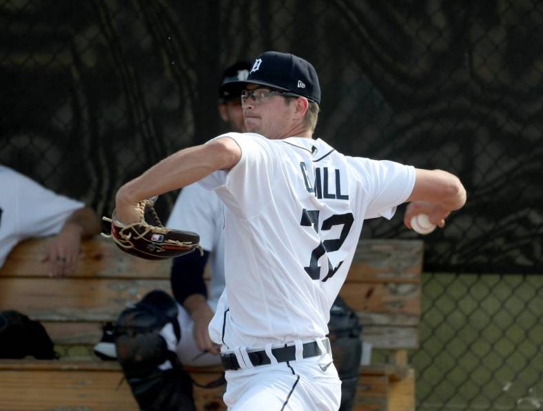 Detroit Tigers prospect Garrett Hill warms up before throwing live batting practice during spring training  minicamp Wednesday, Feb. 23, 2022 at Tiger Town in Lakeland.

Tigers7