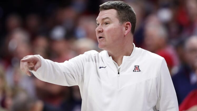 Mar 3, 2022; Tucson, Arizona, USA; Arizona Wildcats head coach Tommy Lloyd gestures during the second half against the Stanford Cardinal at McKale Center. Mandatory Credit: Chris Coduto-USA TODAY Sports