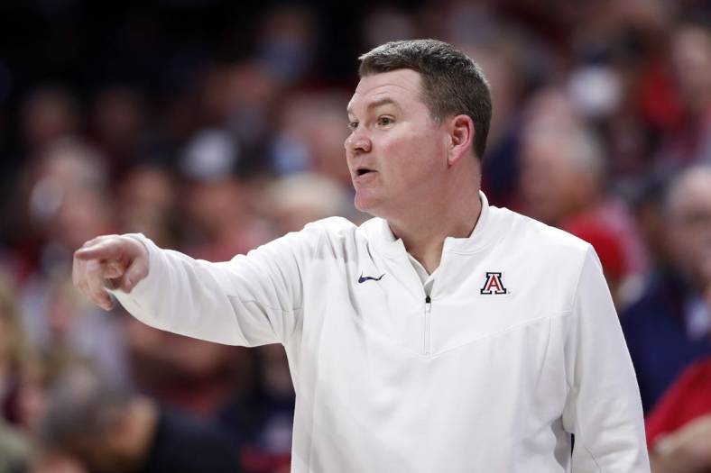 Mar 3, 2022; Tucson, Arizona, USA; Arizona Wildcats head coach Tommy Lloyd gestures during the second half against the Stanford Cardinal at McKale Center. Mandatory Credit: Chris Coduto-USA TODAY Sports