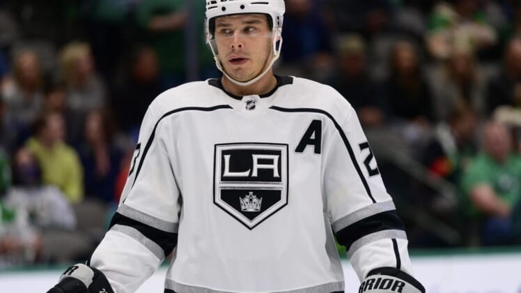 Mar 2, 2022; Dallas, Texas, USA; Los Angeles Kings right wing Dustin Brown (23) in action during the game between the Los Angeles Kings and the Dallas Stars at the American Airlines Center. Mandatory Credit: Jerome Miron-USA TODAY Sports