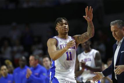 Mar 5, 2022; Gainesville, Florida, USA; Florida Gators forward Keyontae Johnson (11) is recognized before the game against the Kentucky Wildcats  during the first half at Billy Donovan Court at Exactech Arena. Mandatory Credit: Kim Klement-USA TODAY Sports