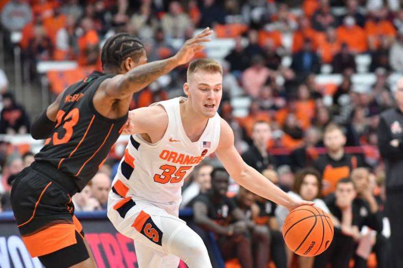 Mar 5, 2022; Syracuse, New York, USA; Syracuse Orange guard Buddy Boeheim (35) tries to move past Miami (Fl) Hurricanes guard Kameron McGusty (23) in the first half at the Carrier Dome. Mandatory Credit: Mark Konezny-USA TODAY Sports