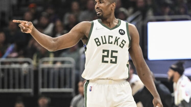 Mar 6, 2022; Milwaukee, Wisconsin, USA; Milwaukee Bucks center Serge Ibaka (25) reacts in the second quarter during the game against the Phoenix Suns at Fiserv Forum. Mandatory Credit: Benny Sieu-USA TODAY Sports