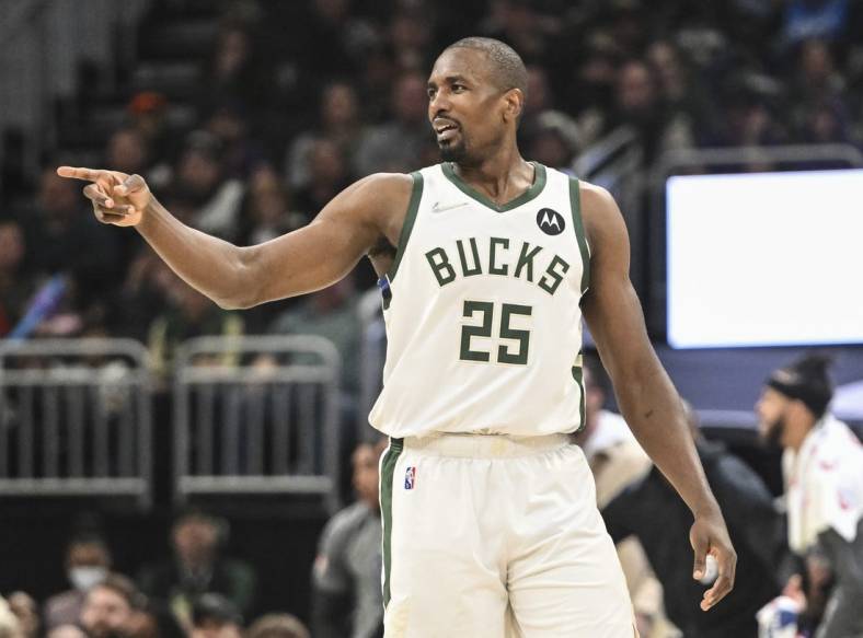 Mar 6, 2022; Milwaukee, Wisconsin, USA; Milwaukee Bucks center Serge Ibaka (25) reacts in the second quarter during the game against the Phoenix Suns at Fiserv Forum. Mandatory Credit: Benny Sieu-USA TODAY Sports