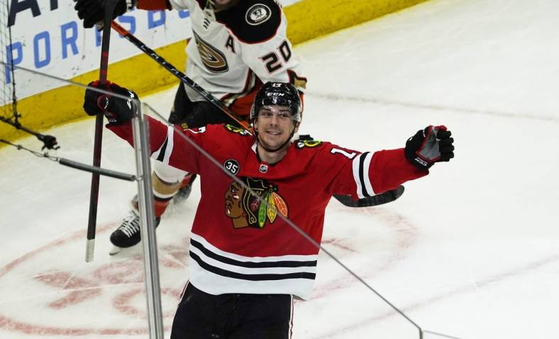 Mar 8, 2022; Chicago, Illinois, USA; Chicago Blackhawks center Dylan Strome (17) celebrates his third goal of the game against the Anaheim Ducks during the third period at United Center. Mandatory Credit: David Banks-USA TODAY Sports