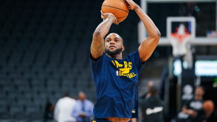 Mar 12, 2022; San Antonio, Texas, USA;  Indiana Pacers forward T.J. Warren (1) warms up before the game against the San Antonio Spurs at the AT&T Center. Mandatory Credit: Daniel Dunn-USA TODAY Sports