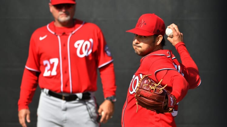 Mar 16, 2022; West Palm Beach, FL, USA; Washington Nationals pitcher Anibal Sanchez warms up during spring training at The Ballpark of the Palm Beaches. Mandatory Credit: Jim Rassol-USA TODAY Sports