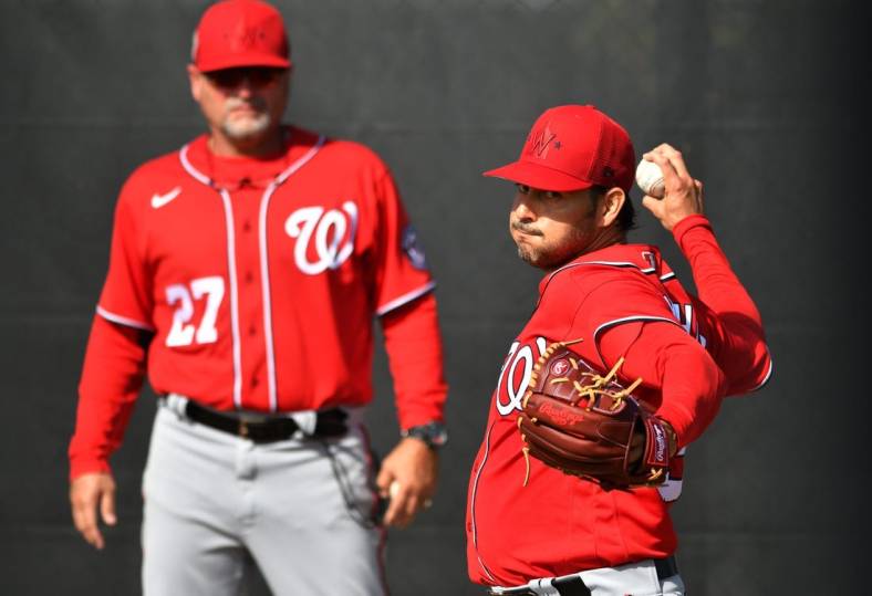 Mar 16, 2022; West Palm Beach, FL, USA; Washington Nationals pitcher Anibal Sanchez warms up during spring training at The Ballpark of the Palm Beaches. Mandatory Credit: Jim Rassol-USA TODAY Sports