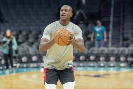 Mar 16, 2022; Charlotte, North Carolina, USA; Atlanta Hawks center Gorgui Dieng (10) during pregame warm ups before the game between the Charlotte Hornets and the Atlanta Hawks at the Spectrum Center. Mandatory Credit: Jim Dedmon-USA TODAY Sports