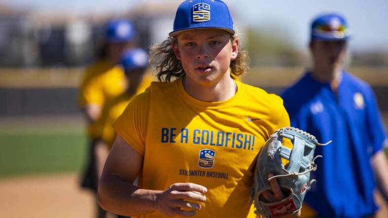 Mar 15, 2022; Peoria, AZ, USA; Stillwater High School shortstop Jackson Holliday during a team practice at the San Diego Padres Spring Training Complex. Mandatory Credit: Mark J. Rebilas-USA TODAY Sports