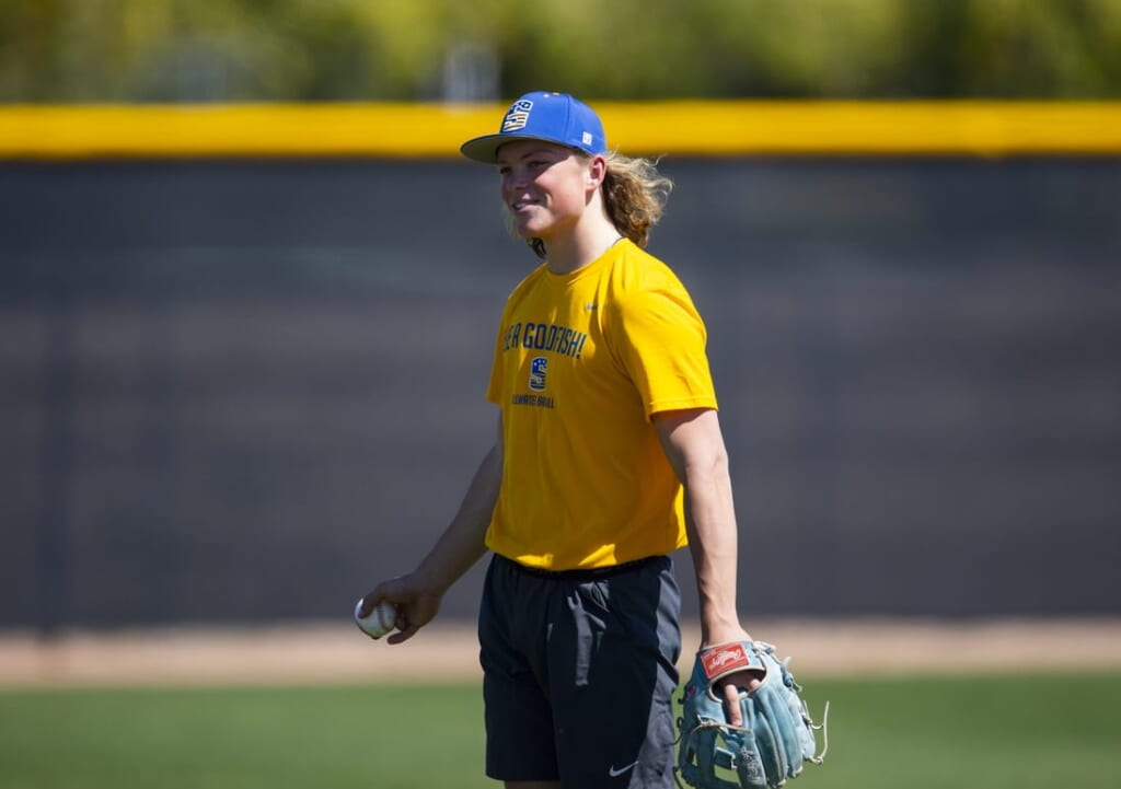 Mar 15, 2022; Peoria, AZ, USA; Stillwater High School shortstop Jackson Holliday during a team practice at the San Diego Padres Spring Training Complex. Mandatory Credit: Mark J. Rebilas-USA TODAY Sports