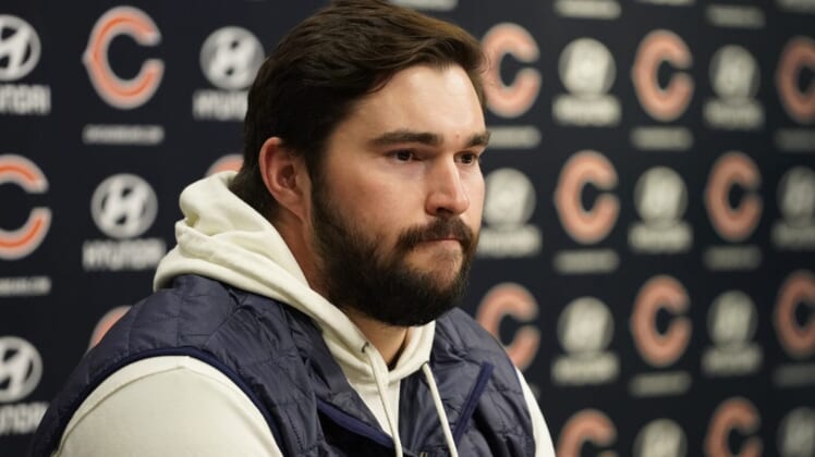 Mar 18, 2022; Lake Forest, IL, USA; Lucas Patrick speaks to the media as he has agreed to a free agent contract with the Chicago Bears. He played for the Green Bay Packers last year. Mandatory Credit: David Banks-USA TODAY Sports
