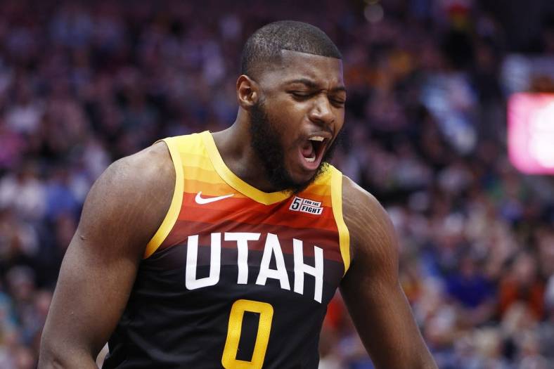 Mar 18, 2022; Salt Lake City, Utah, USA; Utah Jazz forward Eric Paschall (0) reacts after a foul and a basket in the second quarter against the LA Clippers at Vivint Arena. Mandatory Credit: Jeffrey Swinger-USA TODAY Sports