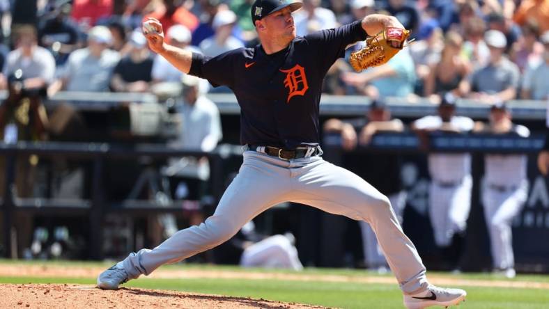 Mar 20, 2022; Tampa, Florida, USA; Detroit Tigers pitcher Chase Anderson (48) throws a pitch during the fourth inning against the New York Yankees during spring training at George M. Steinbrenner Field. Mandatory Credit: Kim Klement-USA TODAY Sports